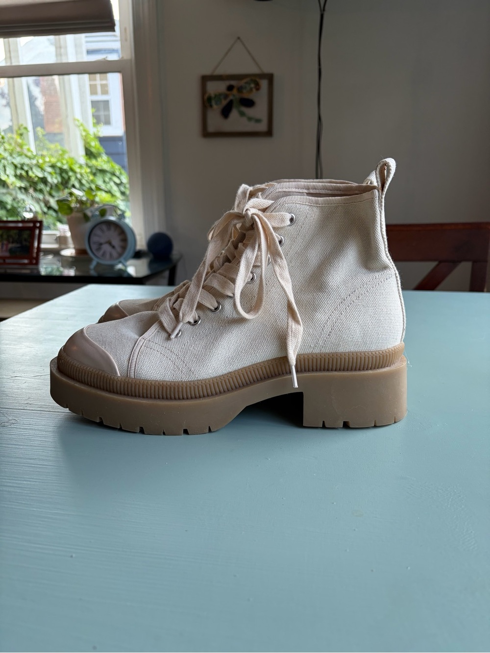 Steven By Steve Madden Cream Canvas Lace-Up Lug Boots